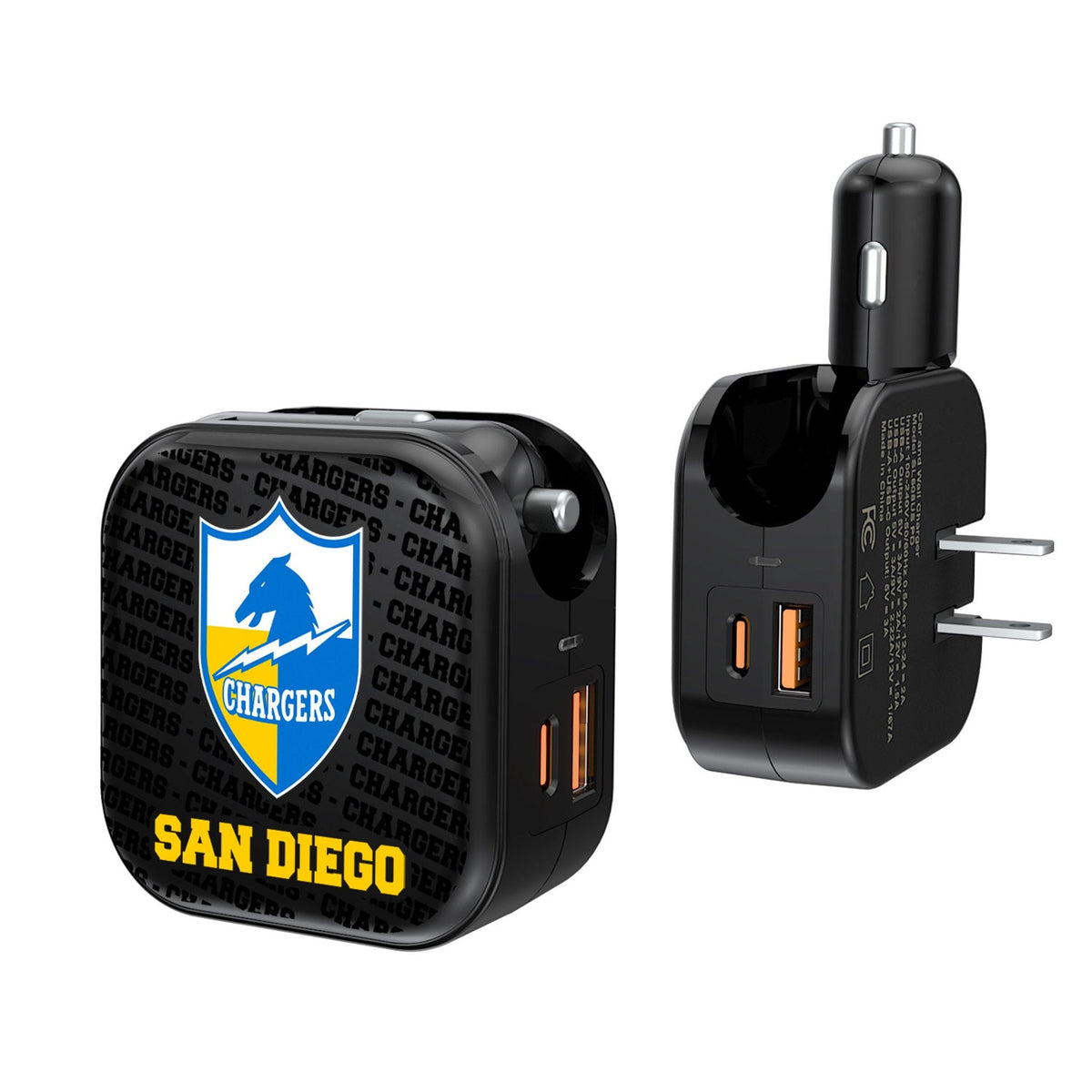 Los Angeles Chargers Historic Collection Text Backdrop 2 in 1 USB A/C Charger 1