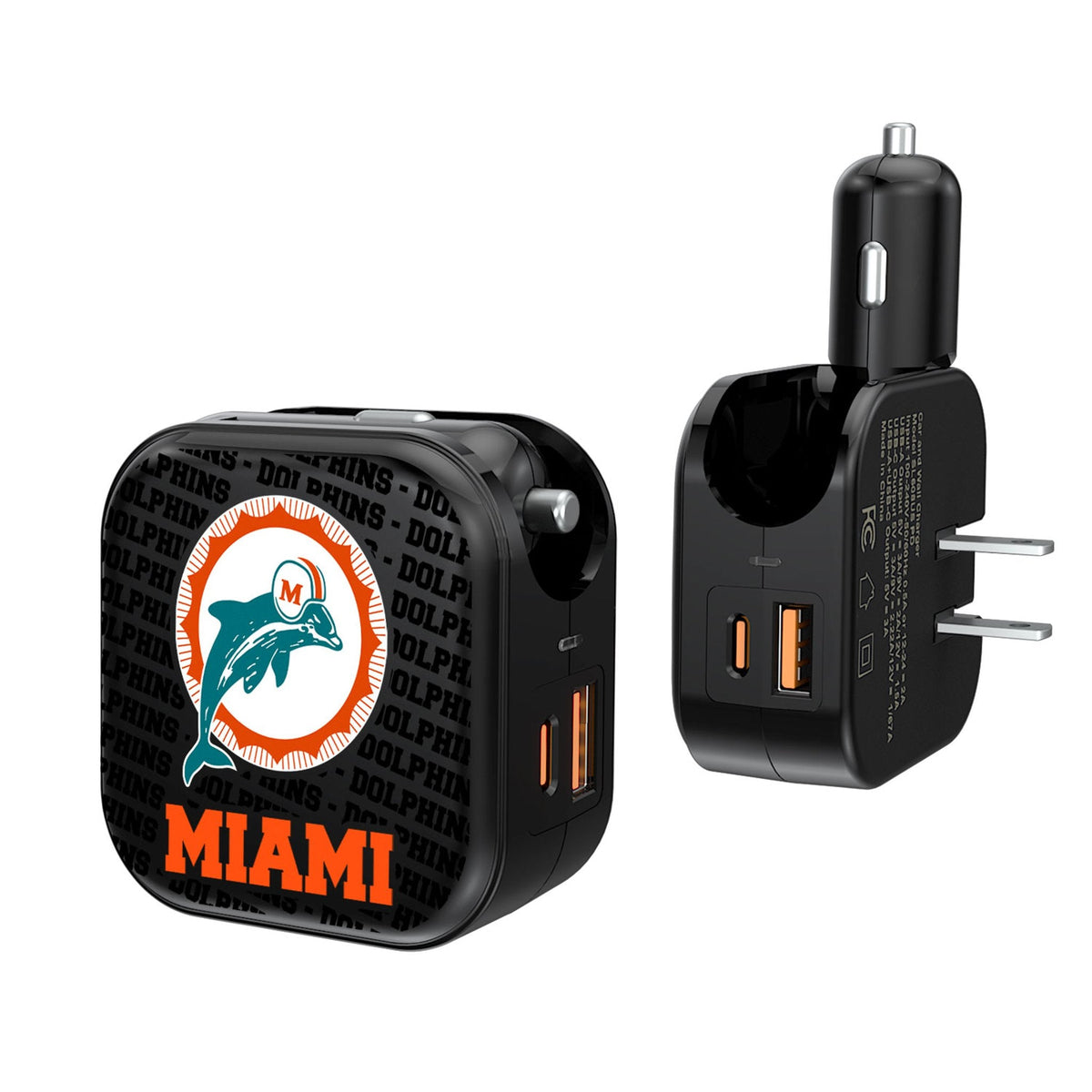 Miami Dolphins 1966-1973 Historic Collection Text Backdrop 2 in 1 USB A/C Charger 1
