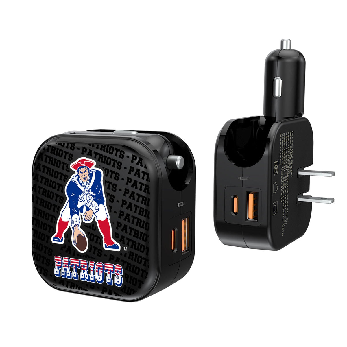 New England Patriots Historic Collection Text Backdrop 2 in 1 USB A/C Charger 1