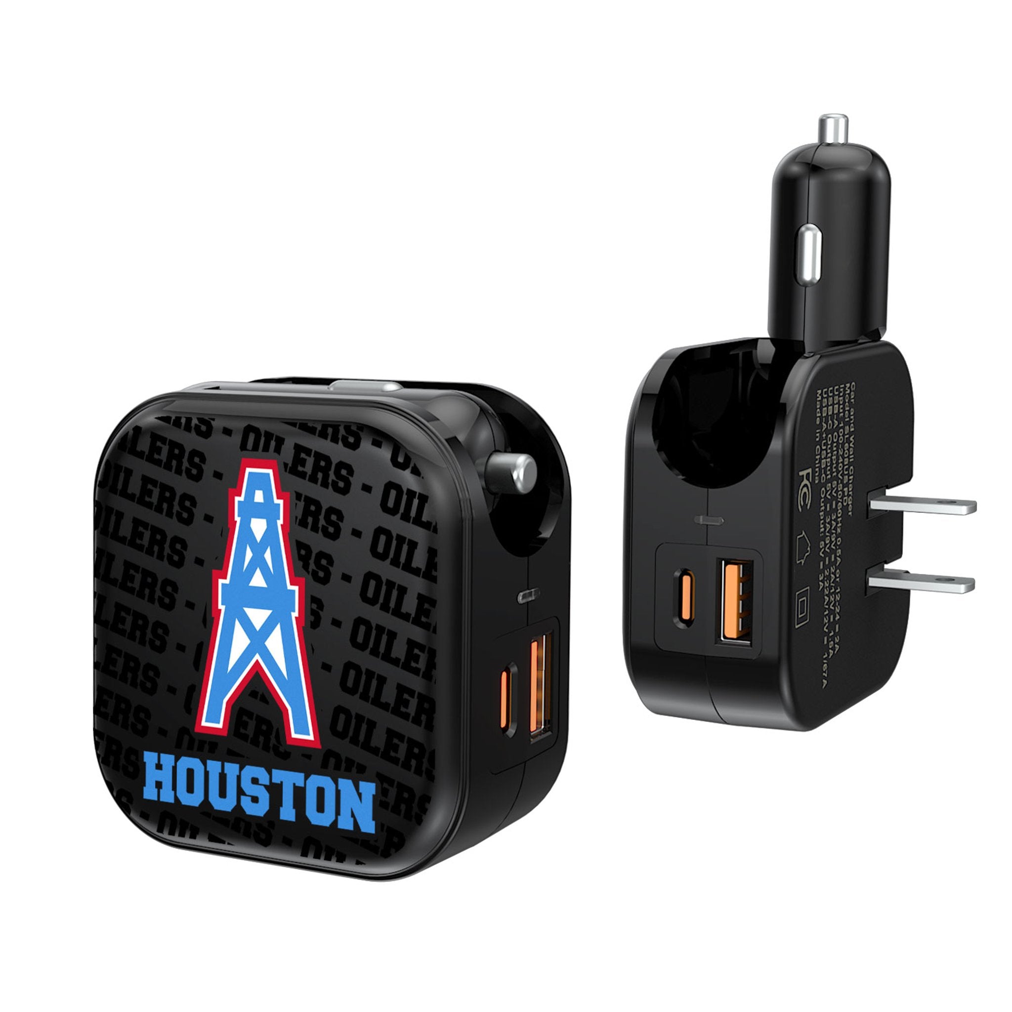 Houston Oilers Historic Collection Text Backdrop 2 in 1 USB A/C Charger 1