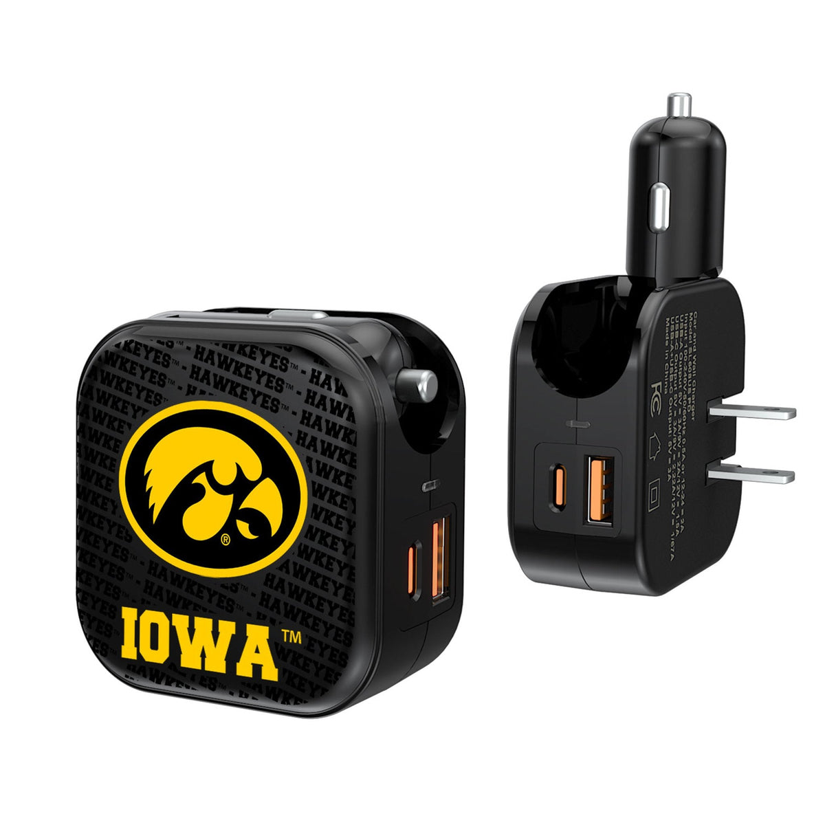 University of Iowa Hawkeyes Text Backdrop 2 in 1 USB A/C Charger 1