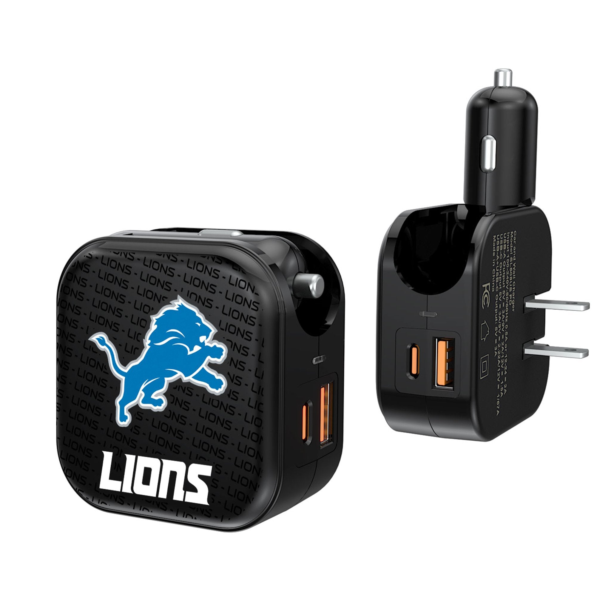 Detroit Lions Text Backdrop 2 in 1 USB A/C Charger 1
