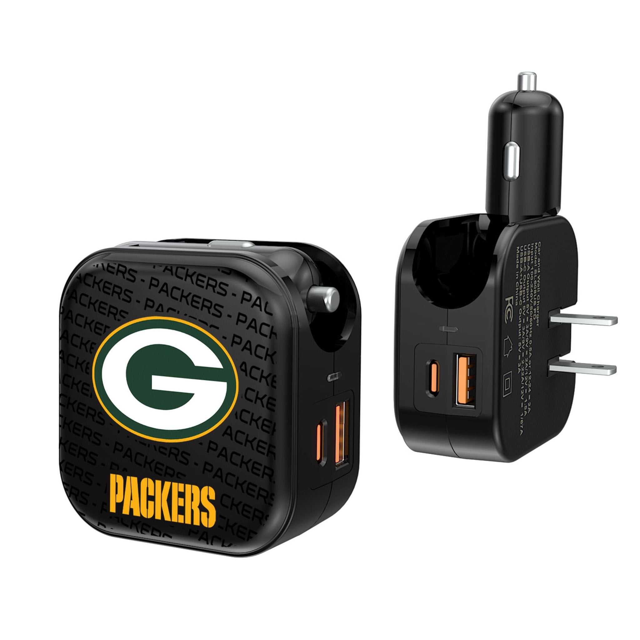 Green Bay Packers Text Backdrop 2 in 1 USB A/C Charger 1