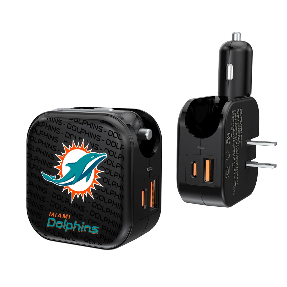 Miami Dolphins Text Backdrop 2 in 1 USB A/C Charger 1