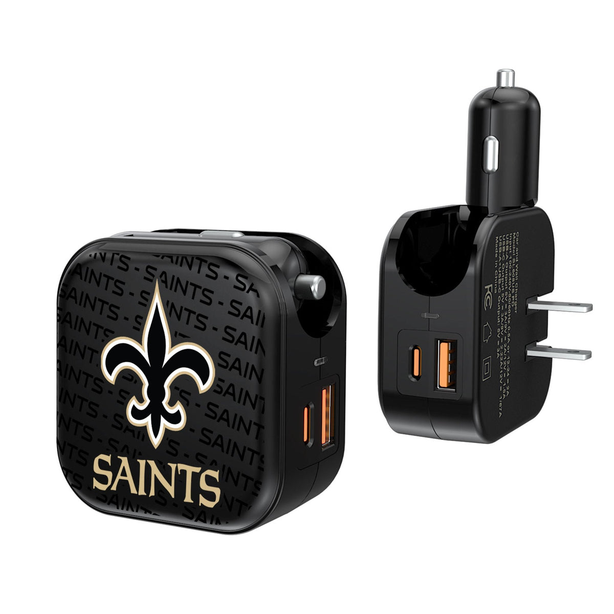 New Orleans Saints Text Backdrop 2 in 1 USB A/C Charger 1