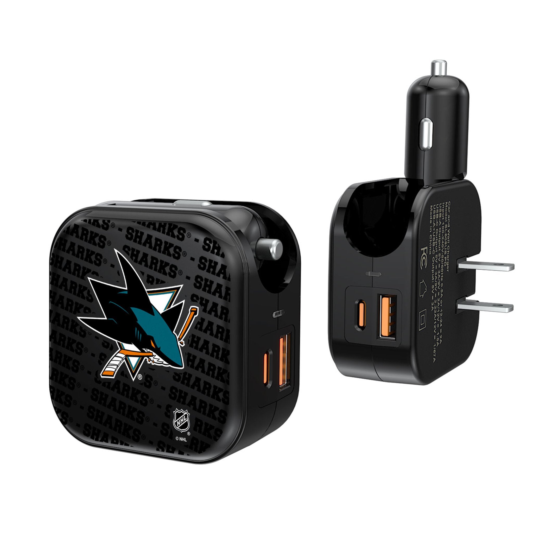 San Jose Sharks Text Backdrop 2 in 1 USB A/C Charger