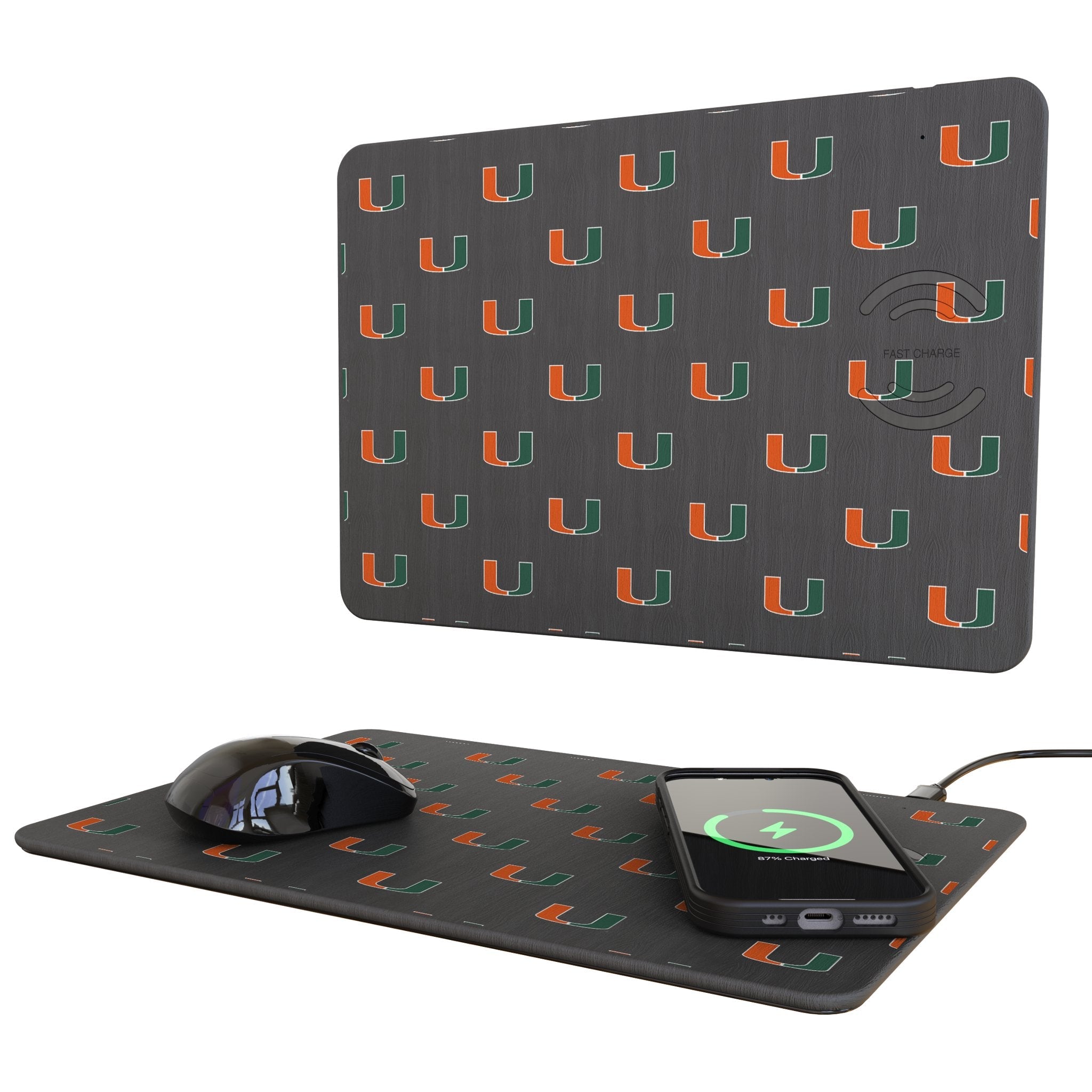 University of Miami Hurricanes Fashion Pattern 15-Watt Wireless Charger and Mouse Pad 1