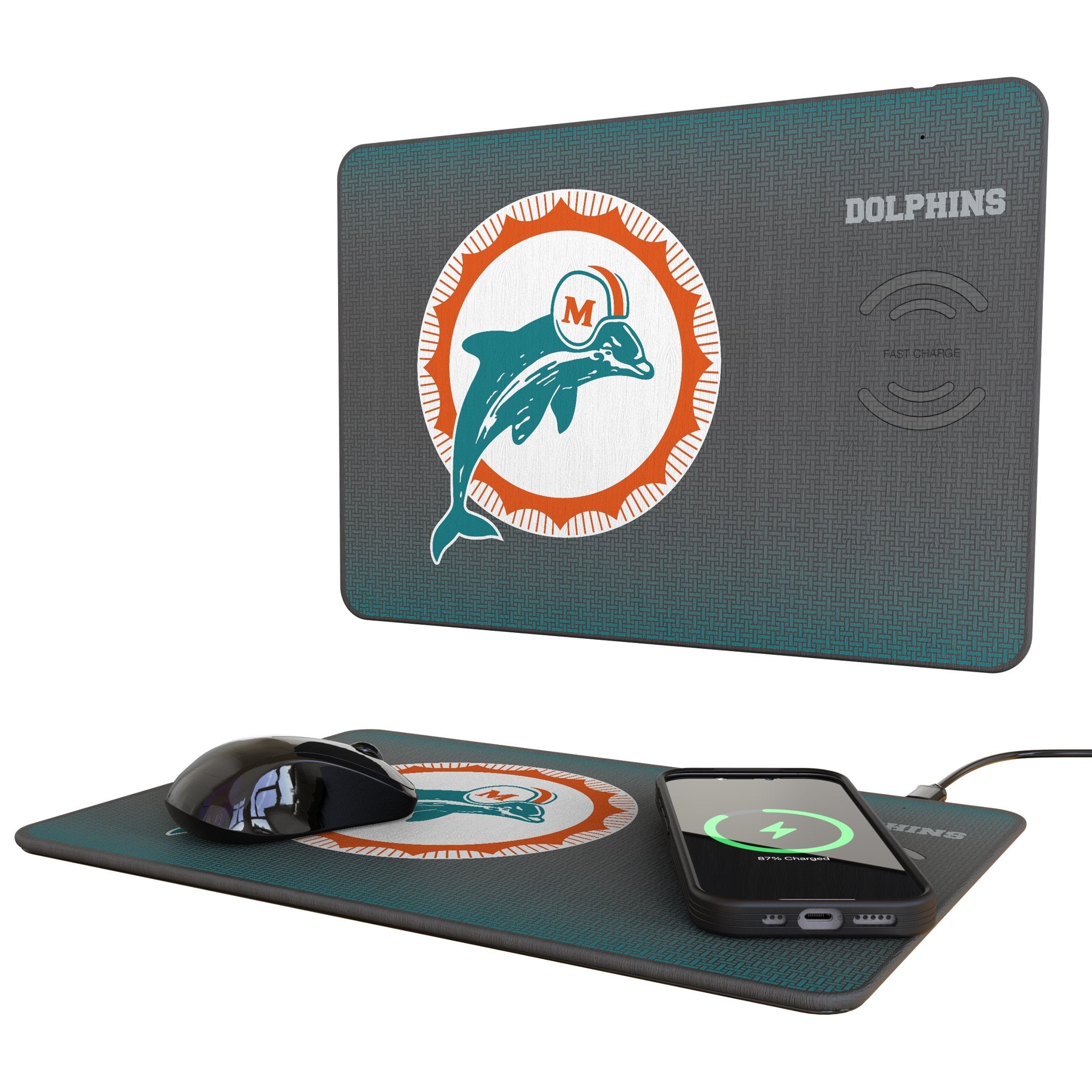 Miami Dolphins 1966-1973 Historic Collection Linen 15-Watt Wireless Charger and Mouse Pad 1