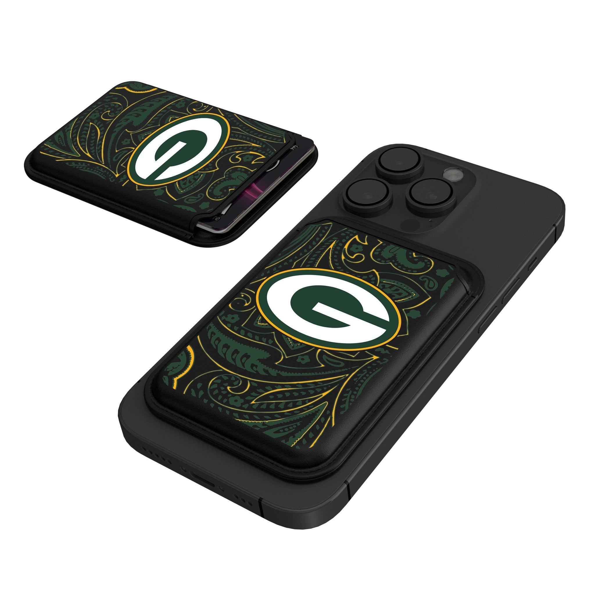 Green Bay Packers Paisley Black Magnetic Credit Card Wallet 1