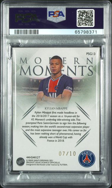 Graded 2021 Futera Unique Live PSG Modern Moments Kylian Mbappe #PSG13 Silver Soccer Card /10 PSA 9 Mint 2