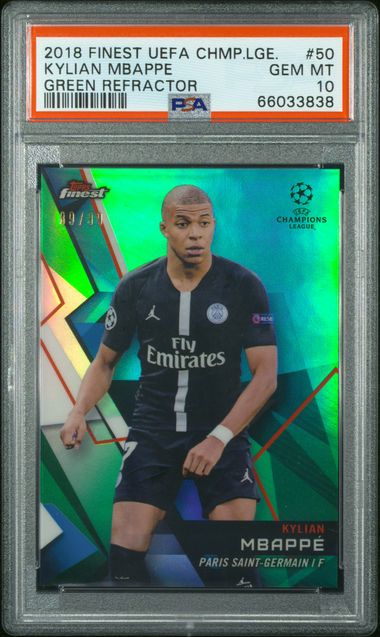 Graded 2018 Topps Finest UCL Kylian Mbappe #50 Green Refractor /99 Soccer Card PSA 10 Gem Mint 1