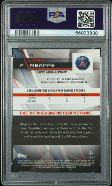 Graded 2018 Topps Finest UCL Kylian Mbappe #50 Green Refractor /99 Soccer Card PSA 10 Gem Mint 2