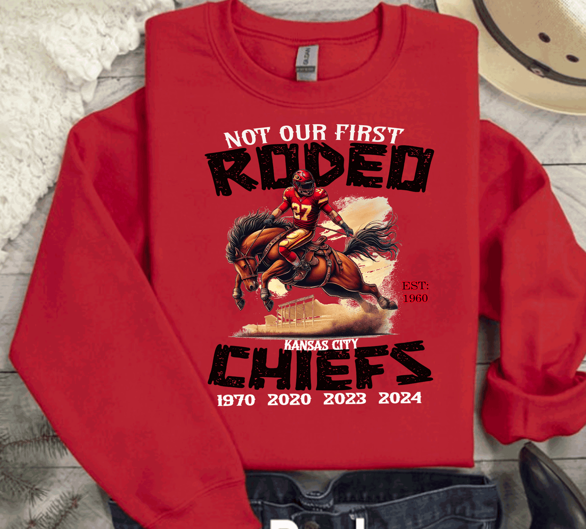 Kansas City Football Chiefs Not Our First Rodeo T-Shirt, KC Football Tee, Game Day Shirt Gift for Mom, Dad, Comfort Colors Oversized Look