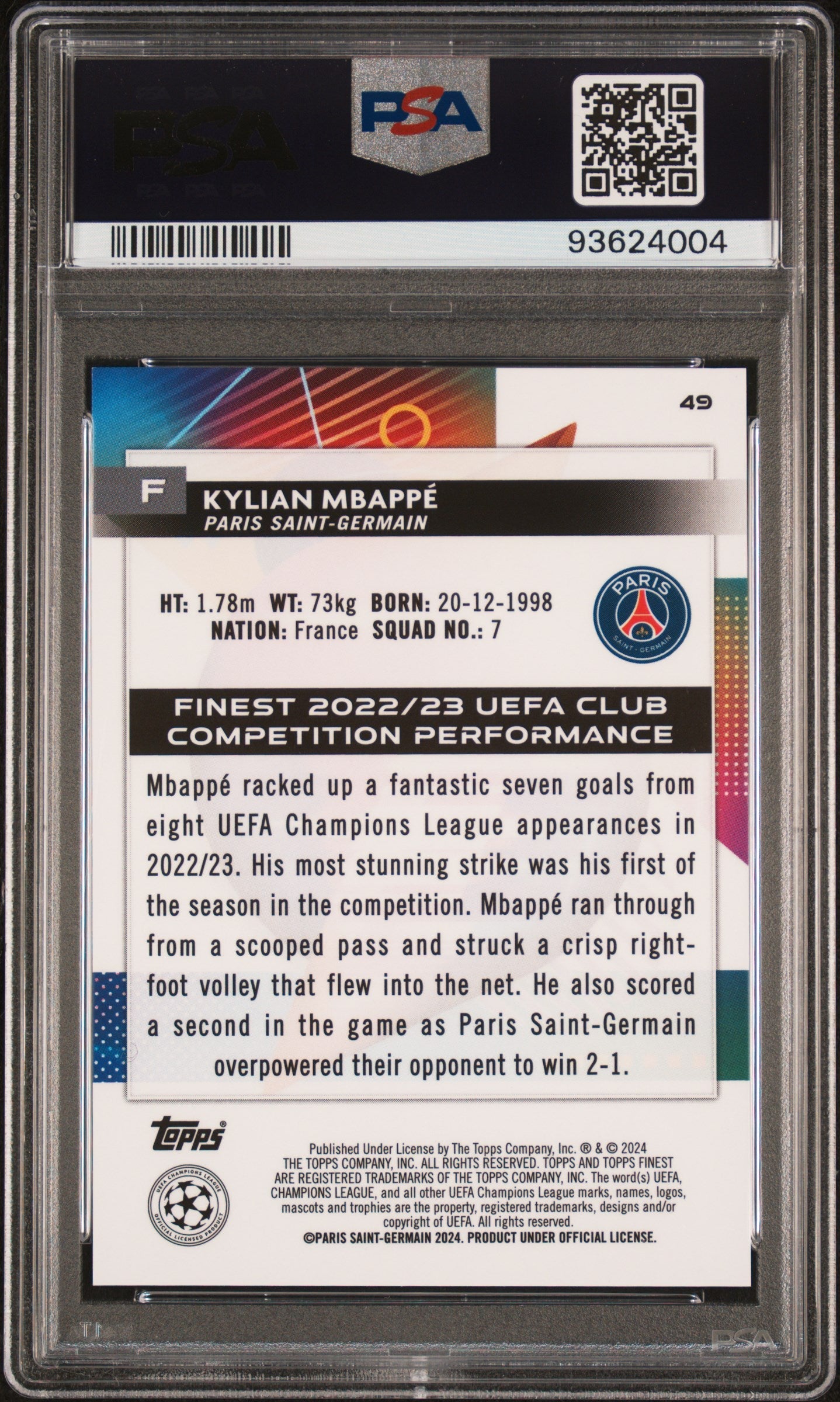 Graded 2023 Topps Finest UCC Kylian Mbappe #49 Blue/Aqua Vaporwave /250 Soccer Card PSA 10 Gem Mint 2