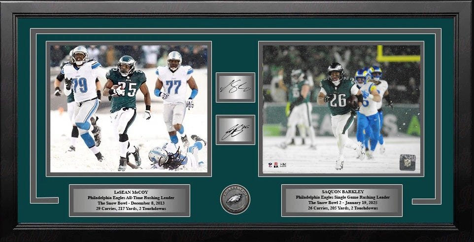 LeSean McCoy & Saquon Barkley Snow Bowl Philadelphia Eagles Framed Photos with Engraved Autographs 1