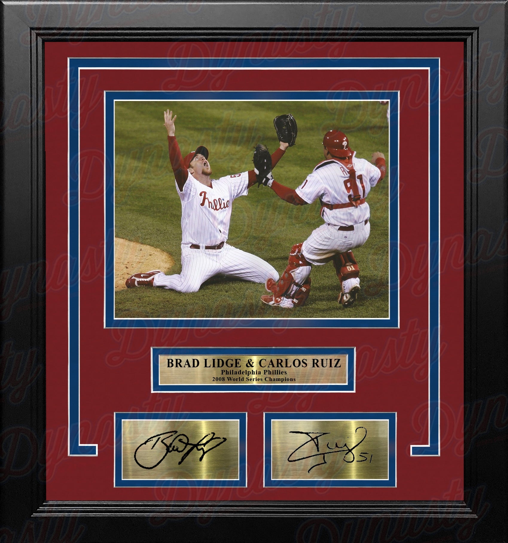Brad Lidge & Carlos Ruiz 2008 World Series Last Out Celebration Philadelphia Phillies Framed Baseball Photo with Engraved Autographs 1