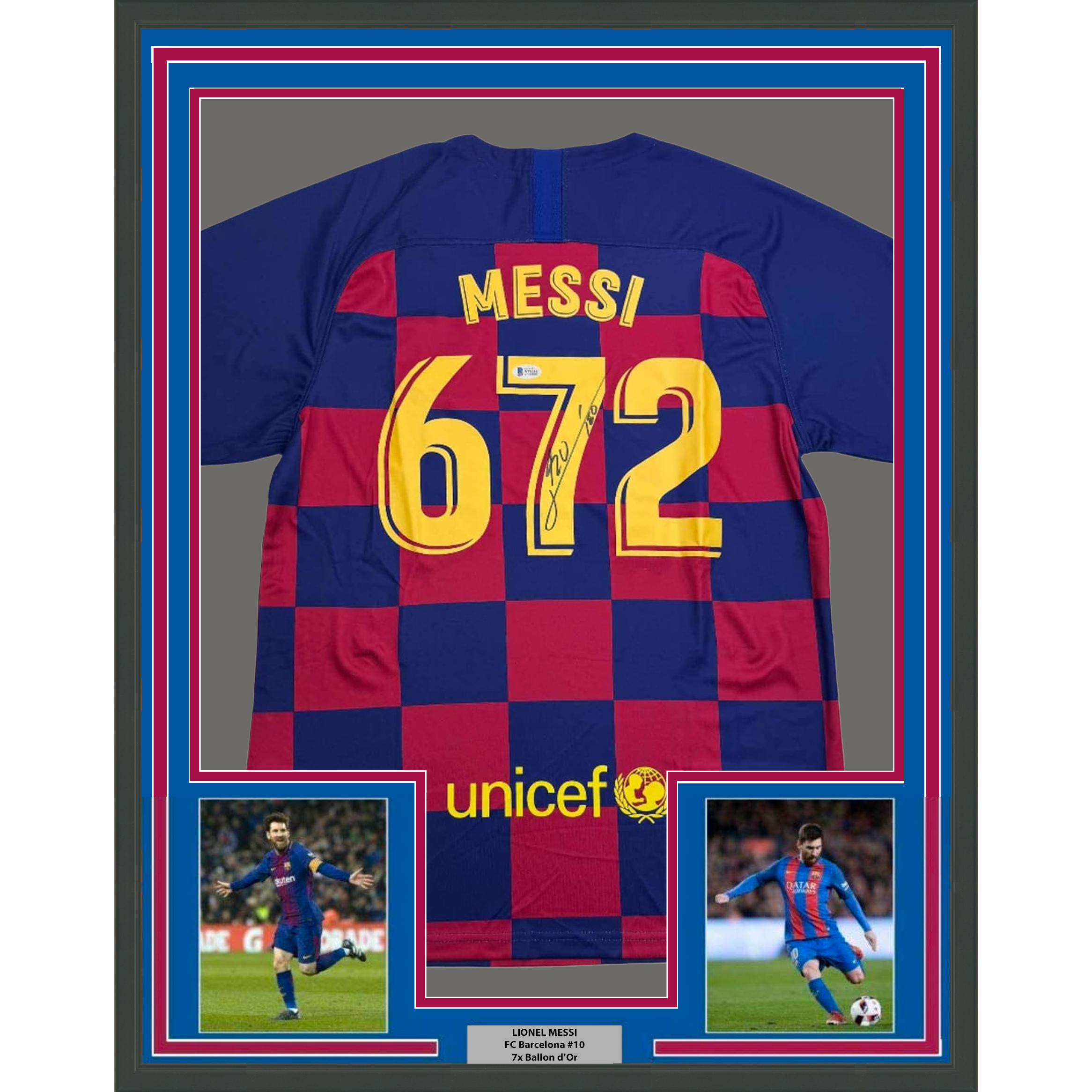 Framed Autographed/Signed Lionel Leo Messi 35x39 FC Barcelona 672 Goals Soccer Jersey Beckett BAS COA 1