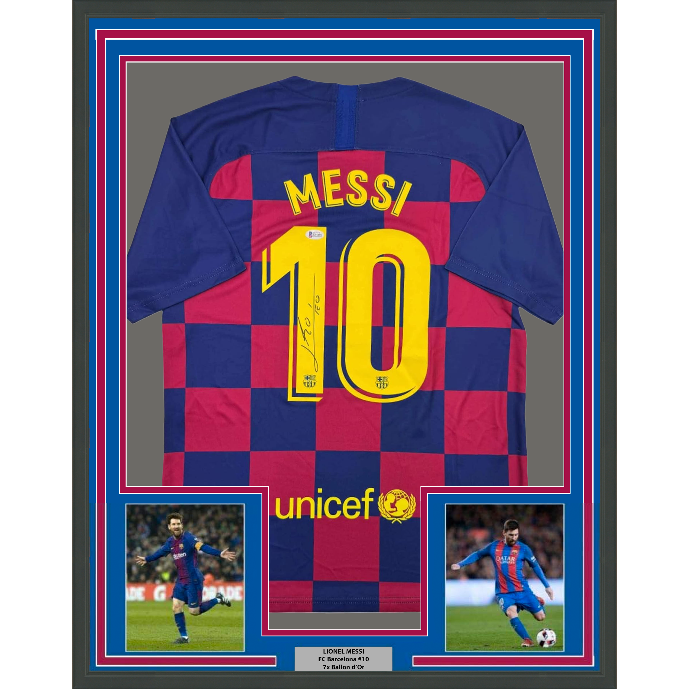 Framed Autographed/Signed Lionel Leo Messi 35x39 FC Barcelona Soccer Jersey Beckett BAS COA 1