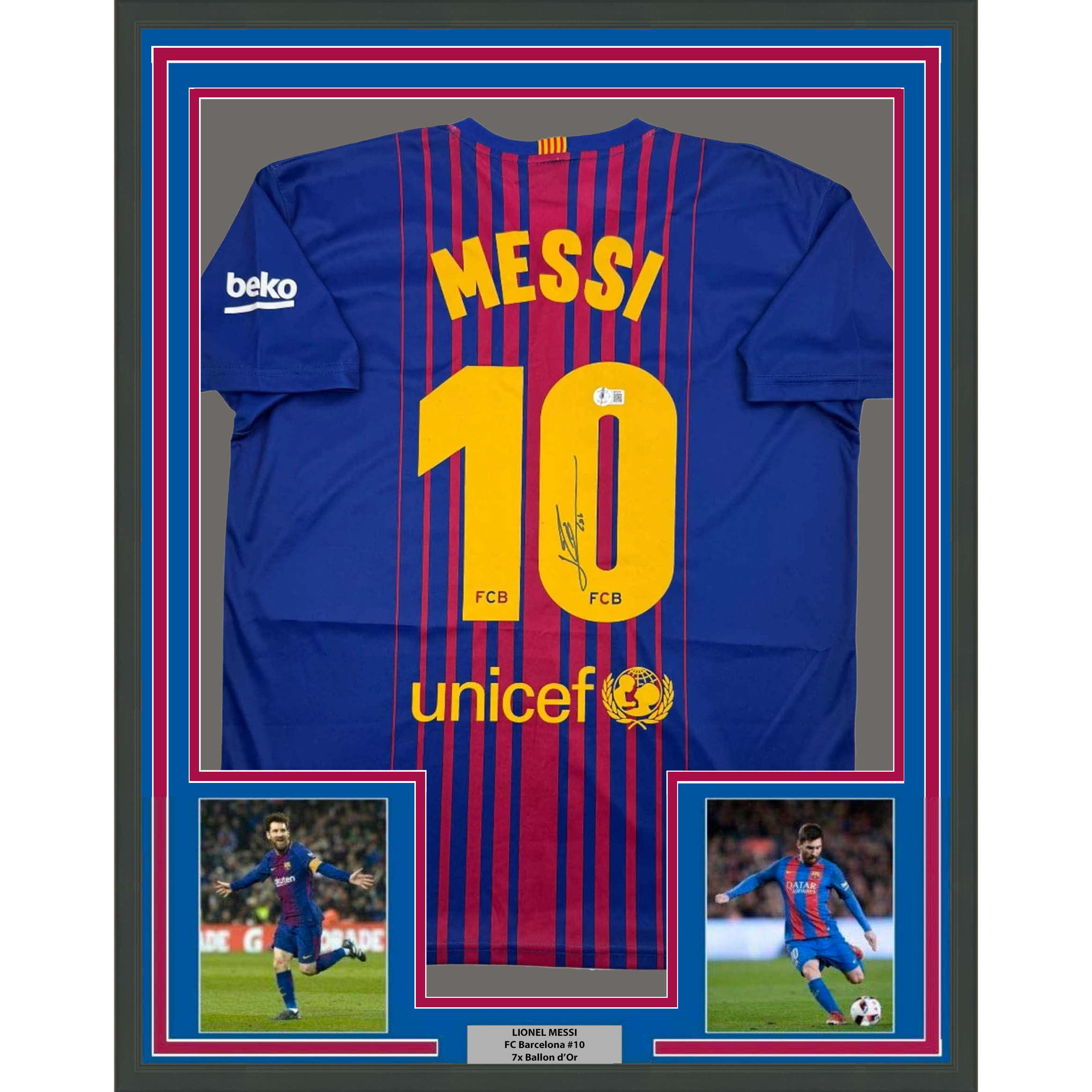 Framed Autographed/Signed Lionel Leo Messi 35x39 FC Barcelona Soccer Jersey Beckett BAS COA 1