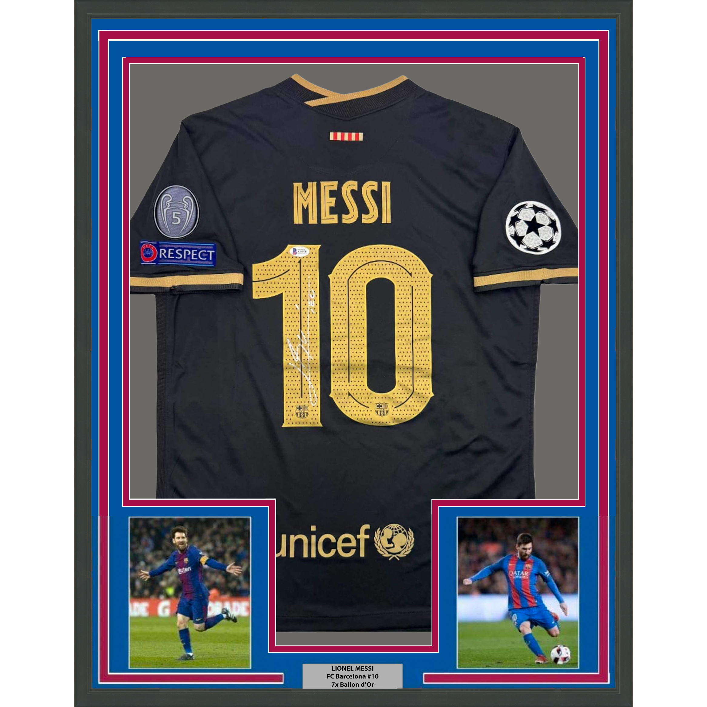 Framed Autographed/Signed Lionel Leo Messi 35x39 FC Barcelona Black Soccer Jersey Beckett BAS COA 1