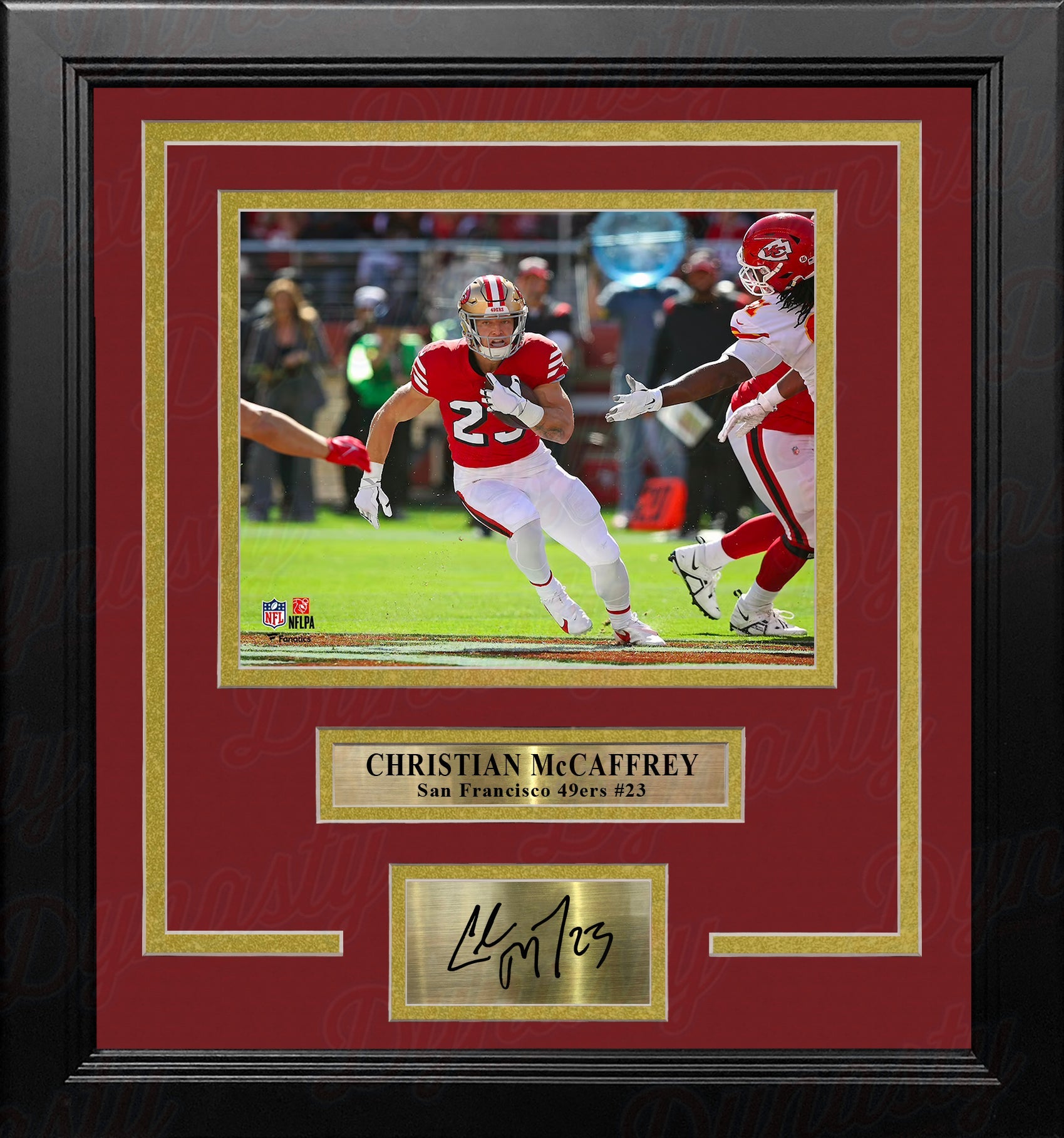 Christian McCaffrey in Action San Francisco 49ers 8x10 Framed Football Photo with Engraved Autograph 1