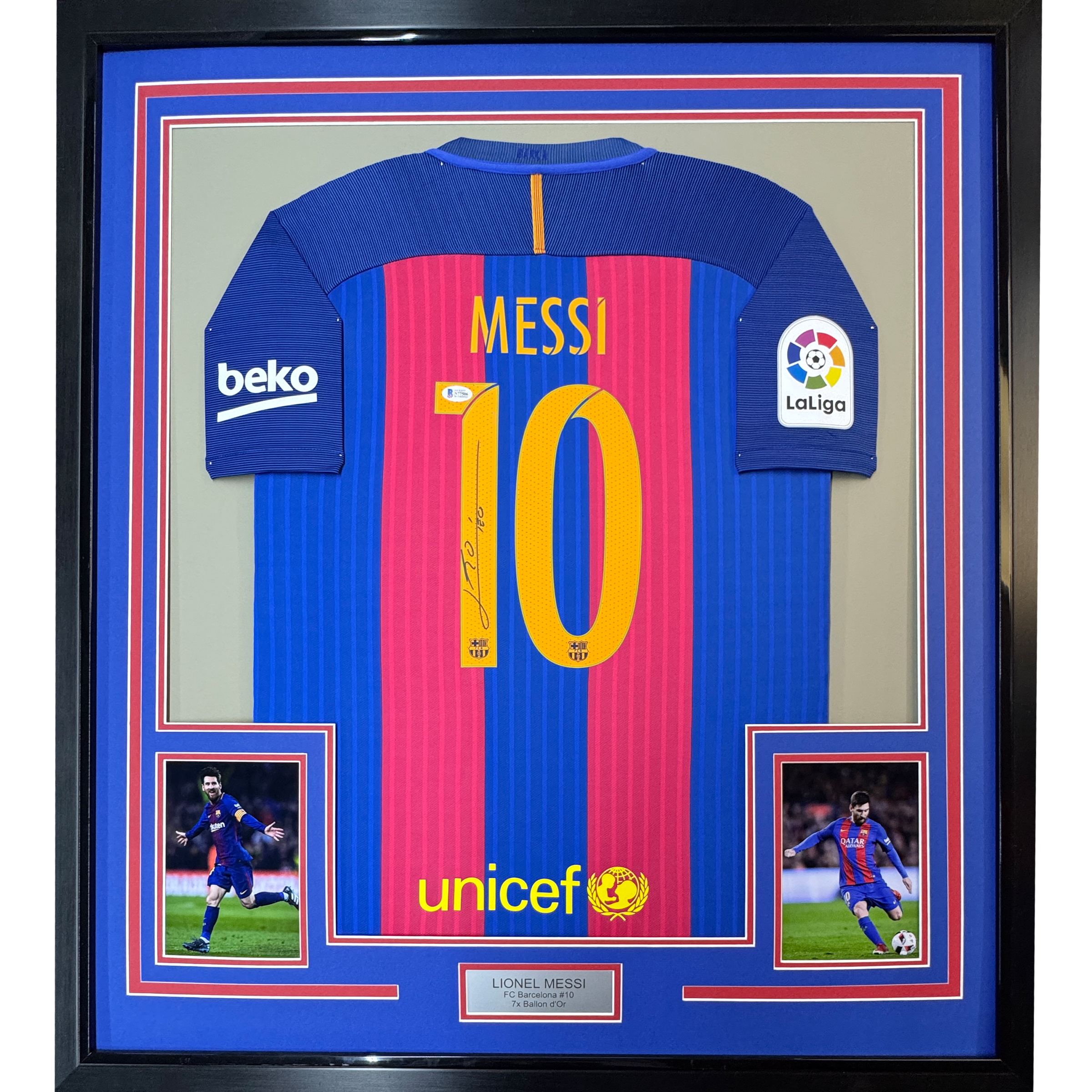 Framed Autographed/Signed Lionel Leo Messi 35x39 FC Barcelona Soccer Jersey Beckett BAS COA #4 1