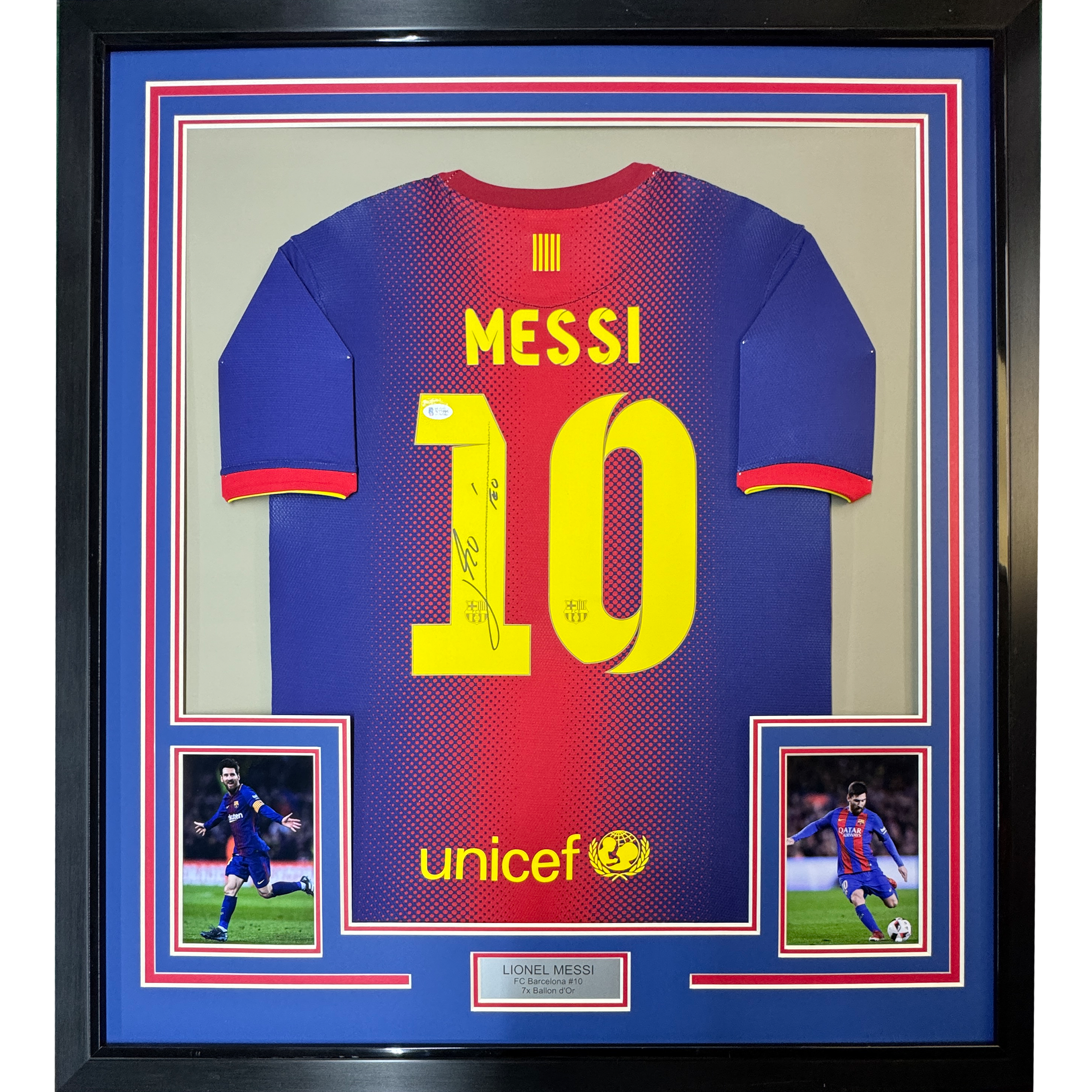 Framed Autographed/Signed Lionel Leo Messi 35x39 FC Barcelona Soccer Jersey Beckett BAS COA 1