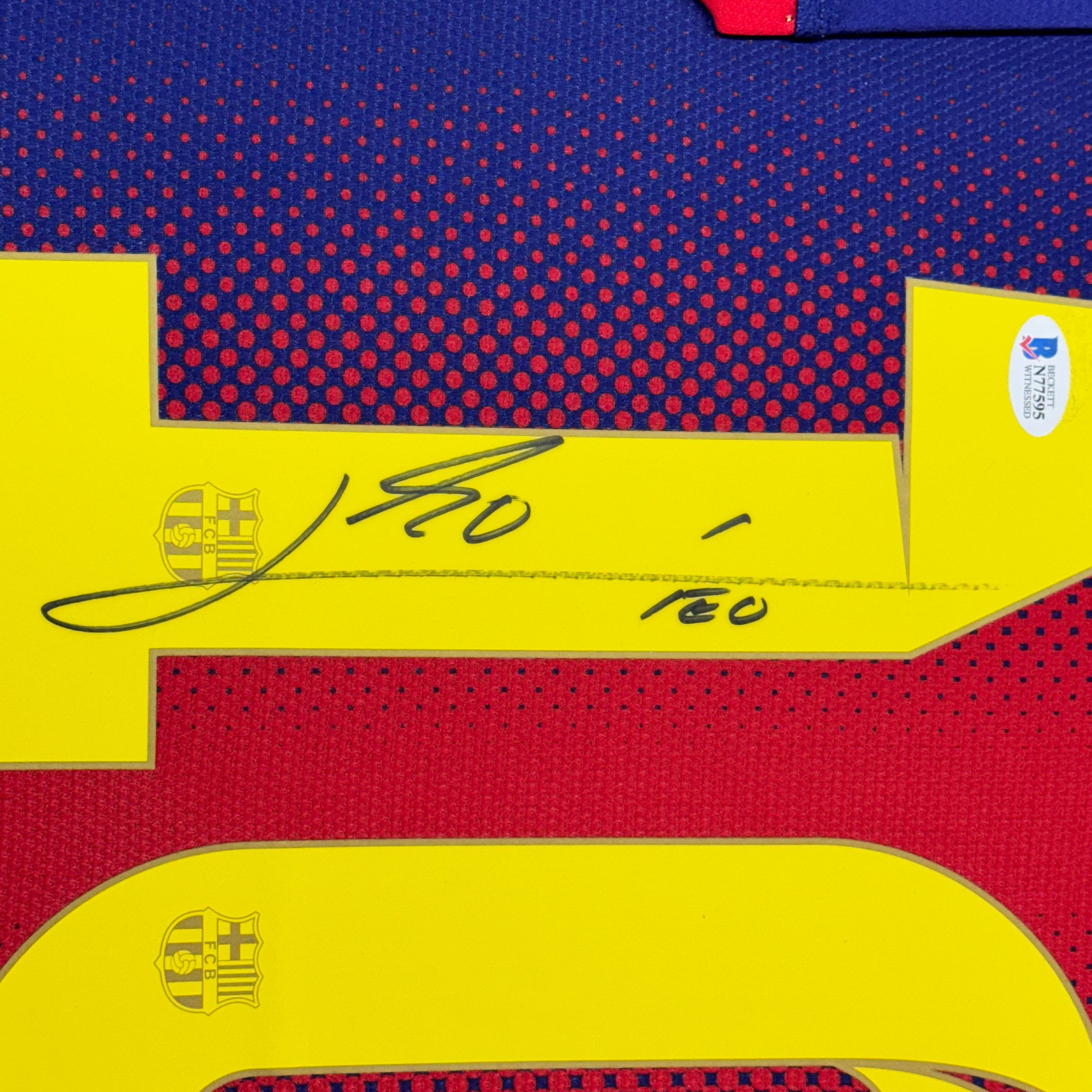 Framed Autographed/Signed Lionel Leo Messi 35x39 FC Barcelona Soccer Jersey Beckett BAS COA 2