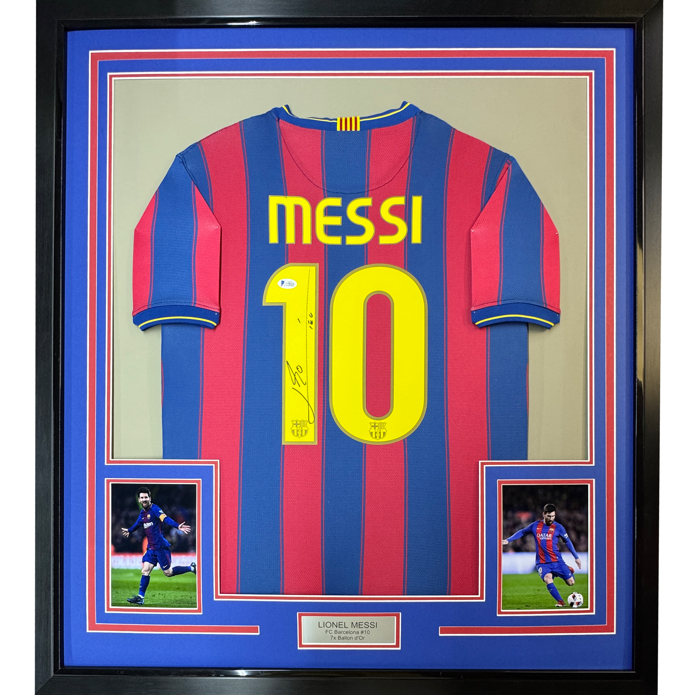 Framed Autographed/Signed Lionel Leo Messi 35x39 FC Barcelona Soccer Jersey Beckett BAS COA 1