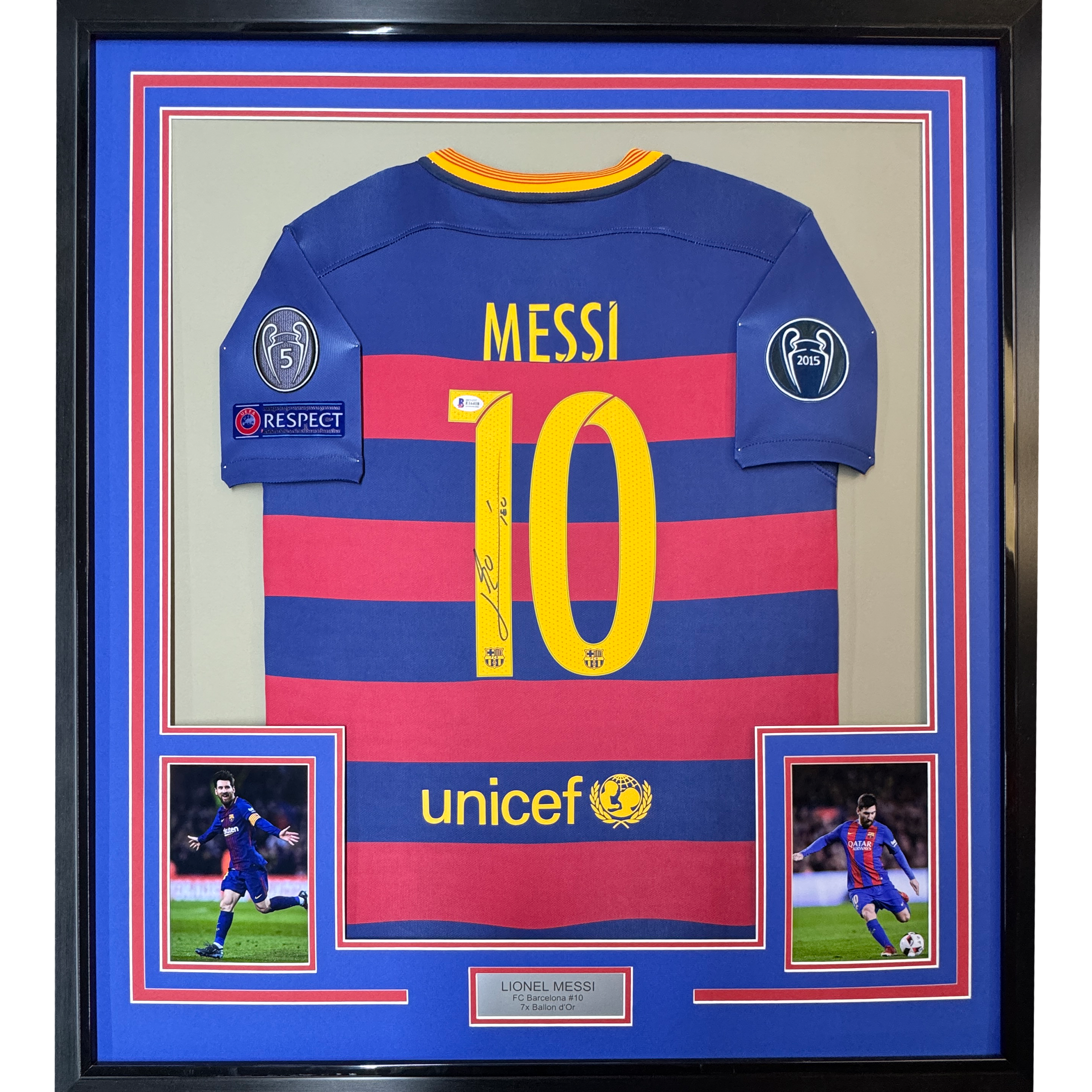 Framed Autographed/Signed Lionel Leo Messi 35x39 FC Barcelona Soccer Jersey Beckett BAS COA 1
