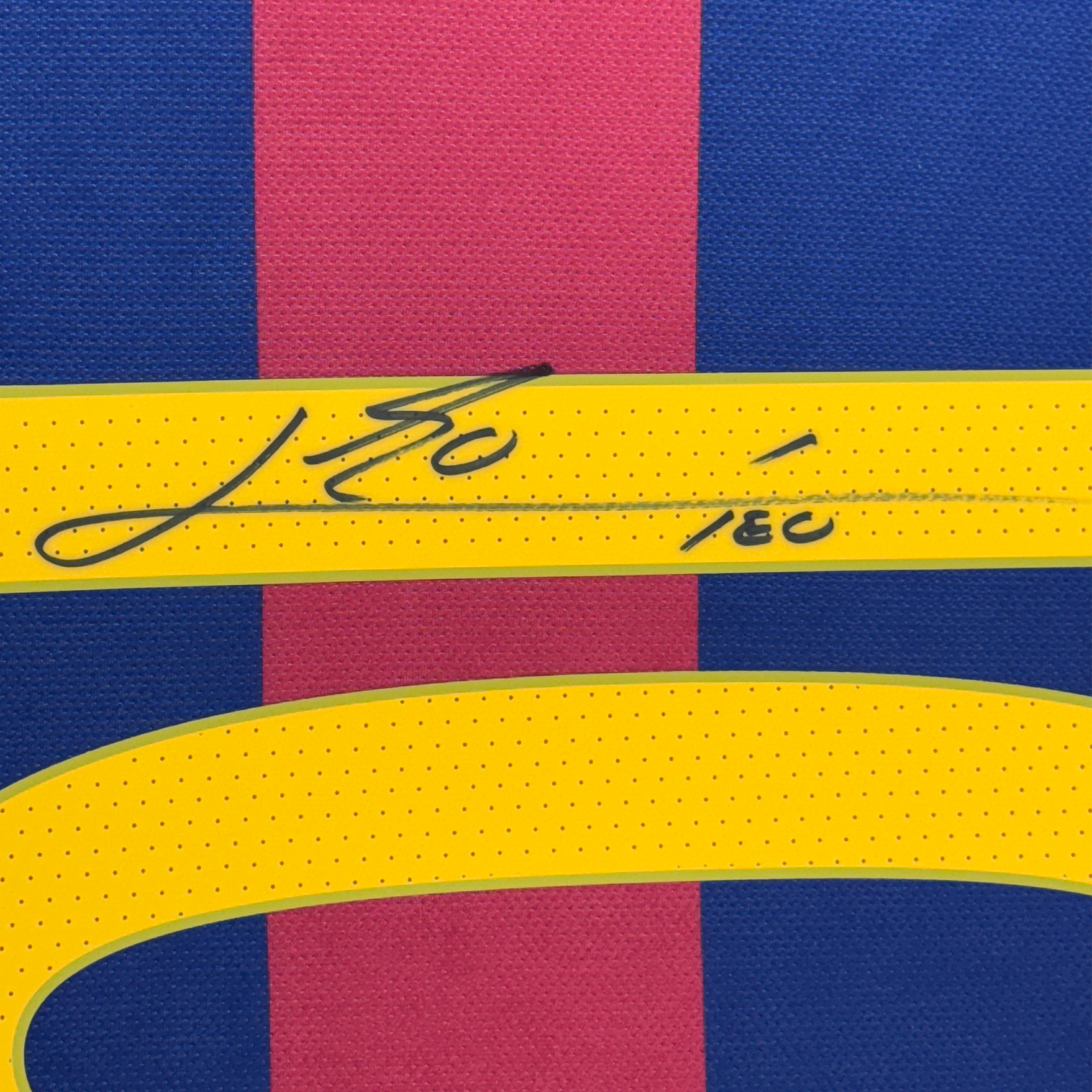 Framed Autographed/Signed Lionel Leo Messi 35x39 FC Barcelona Soccer Jersey Beckett BAS COA 2