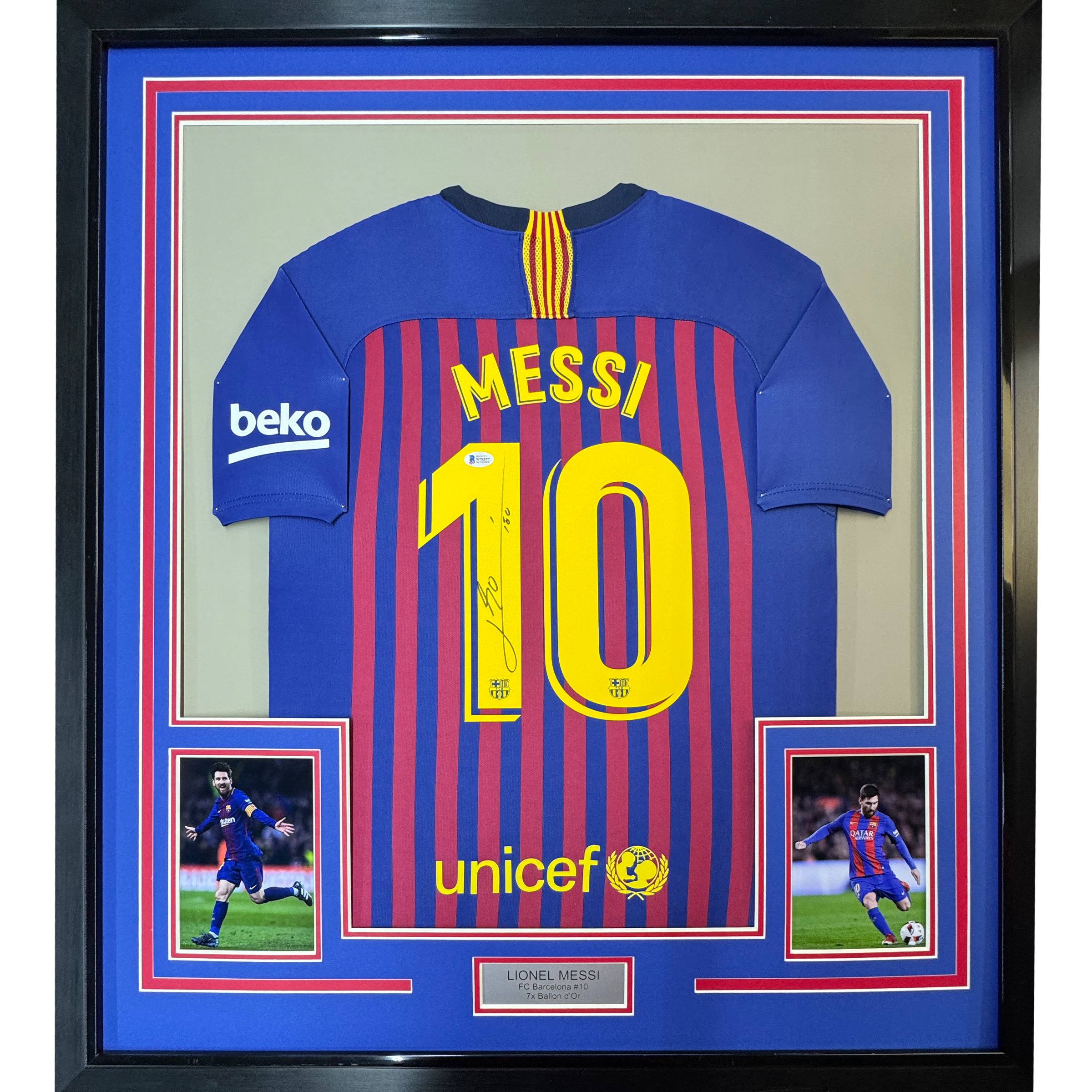 Framed Autographed/Signed Lionel Leo Messi 35x39 FC Barcelona Soccer Jersey Beckett BAS COA 1