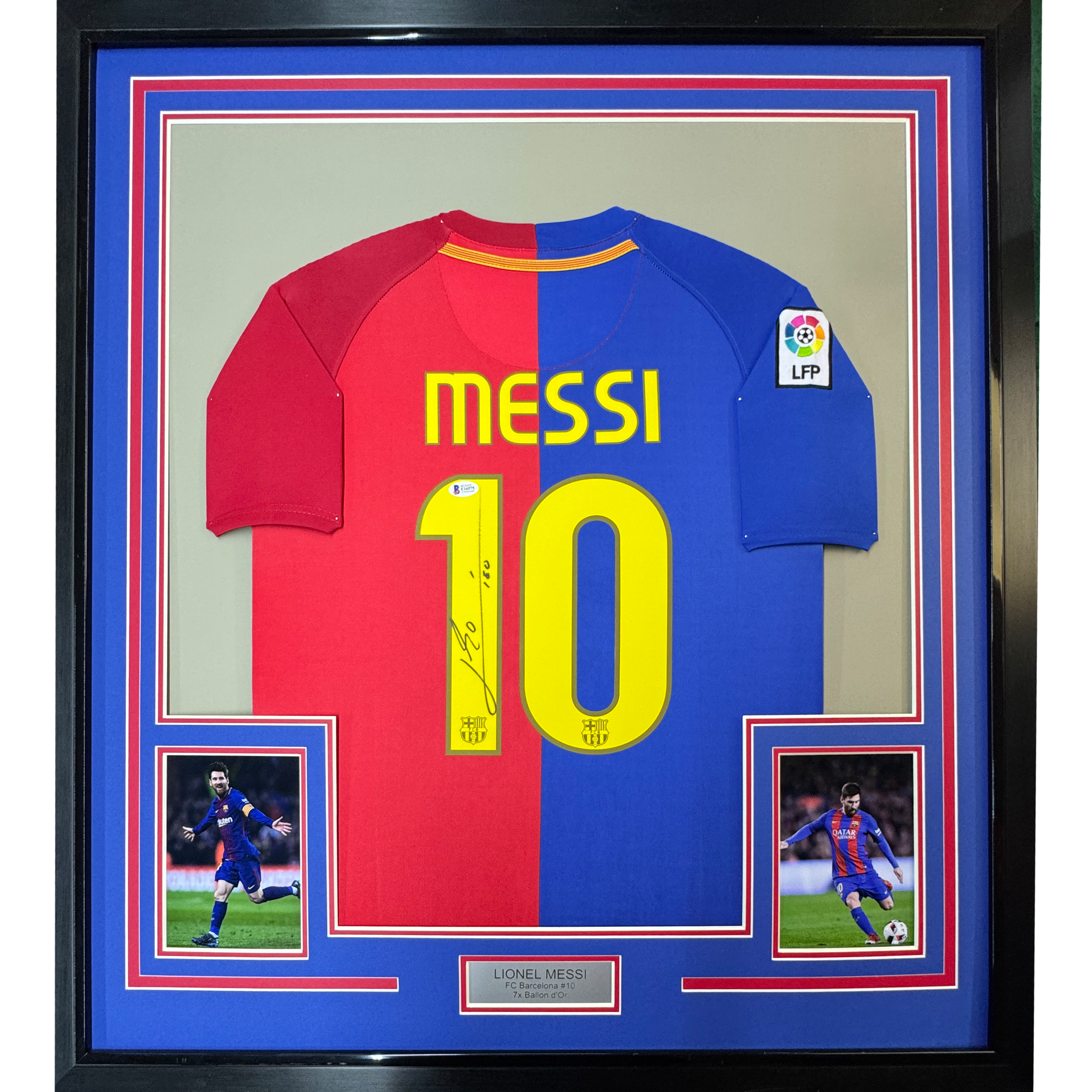Framed Autographed/Signed Lionel Leo Messi 35x39 FC Barcelona Soccer Jersey Beckett BAS COA 1