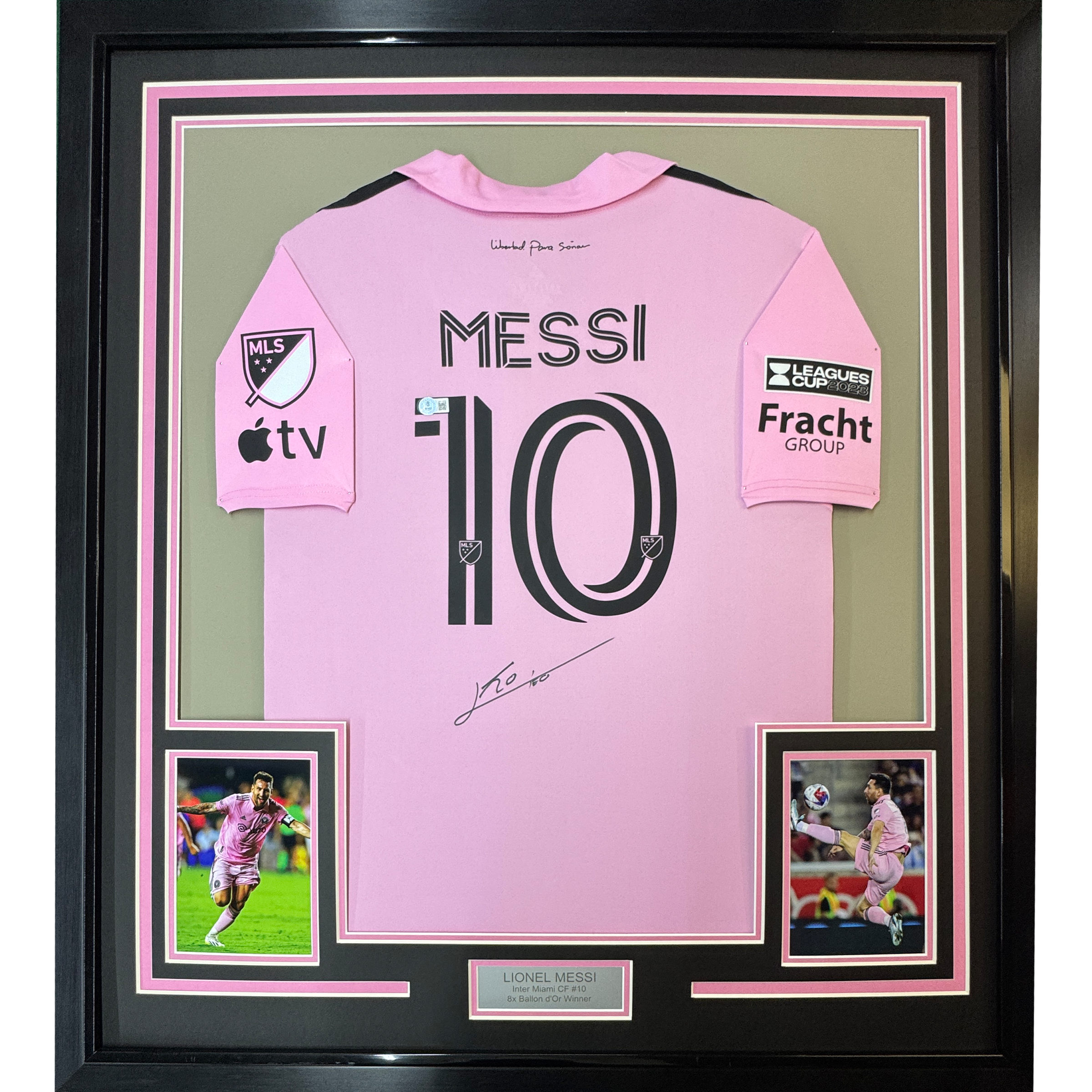 Framed Autographed/Signed Lionel Leo Messi 35x39 Inter Miami Pink Soccer Jersey Beckett BAS COA 1