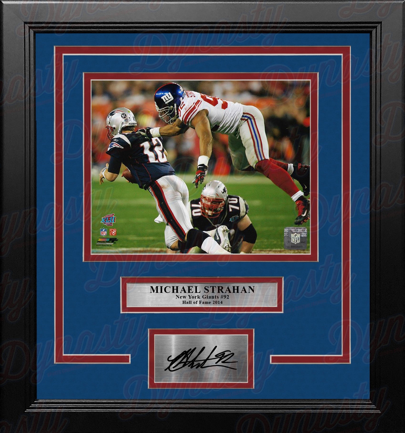 Michael Strahan Sacks Brady Super Bowl XLII NY Giants 8x10 Framed Photo with Engraved Autograph 1