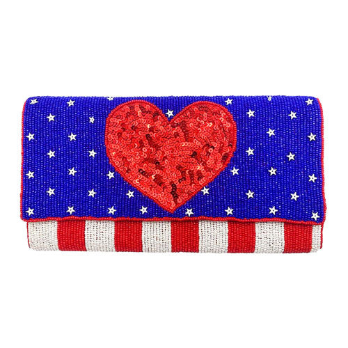 American USA Flag Heart Seed Beaded Clutch Crossbody Bag 5