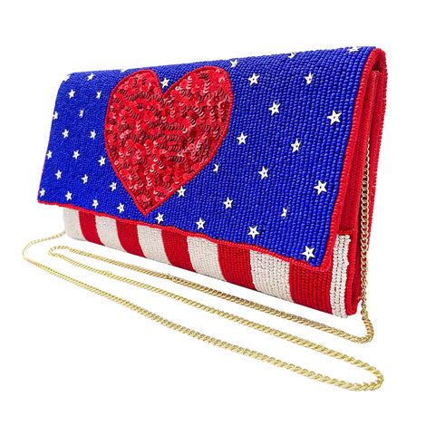 American USA Flag Heart Seed Beaded Clutch Crossbody Bag 6
