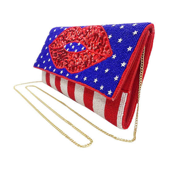 American USA Flag Lips Seed Beaded Clutch Crossbody Bag 5