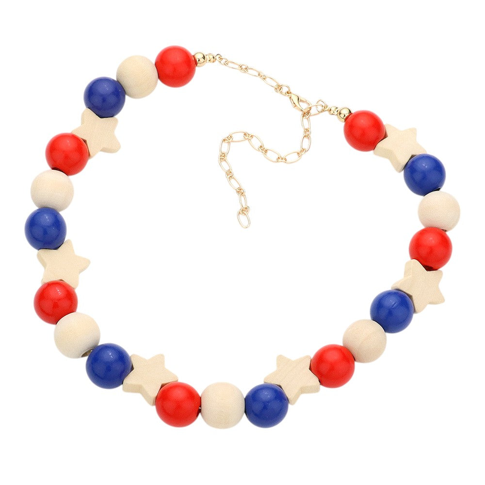 American USA Flag Wood Ball Collar Necklace 3