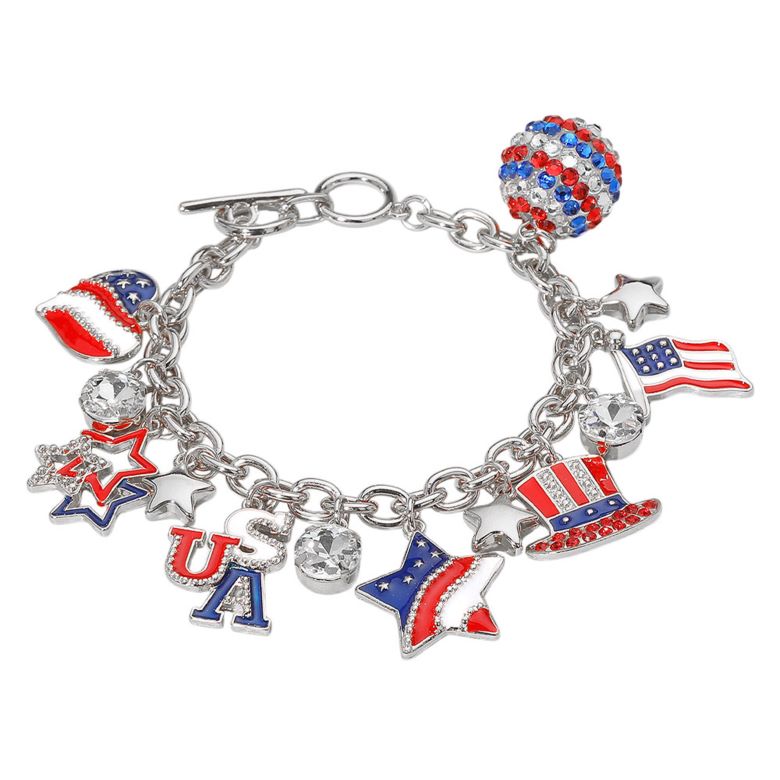 Enamel Stone Paved American USA Flag Message Shamballa Ball Charm Embellished Toggle Bracelet 2