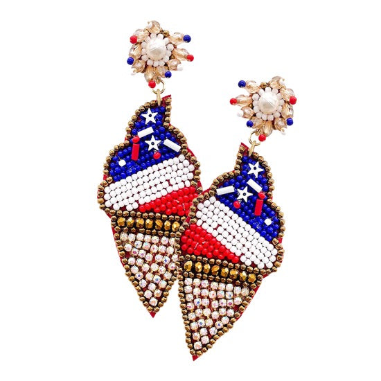 Seed Beaded American USA Flag Ice Cream Earrings