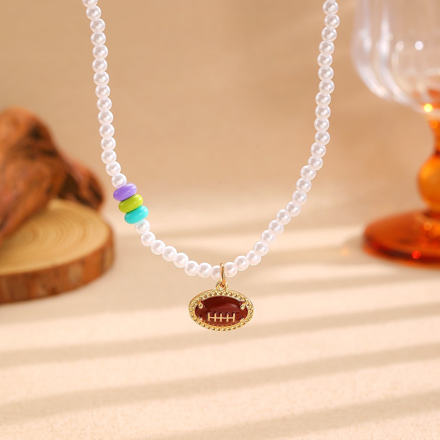 Sporty Soccer Football Rugby Pendant Pearl Beaded Necklace Bracelet Earrings Set 19