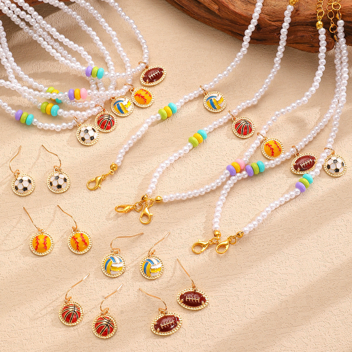 Sporty Soccer Football Rugby Pendant Pearl Beaded Necklace Bracelet Earrings Set 1