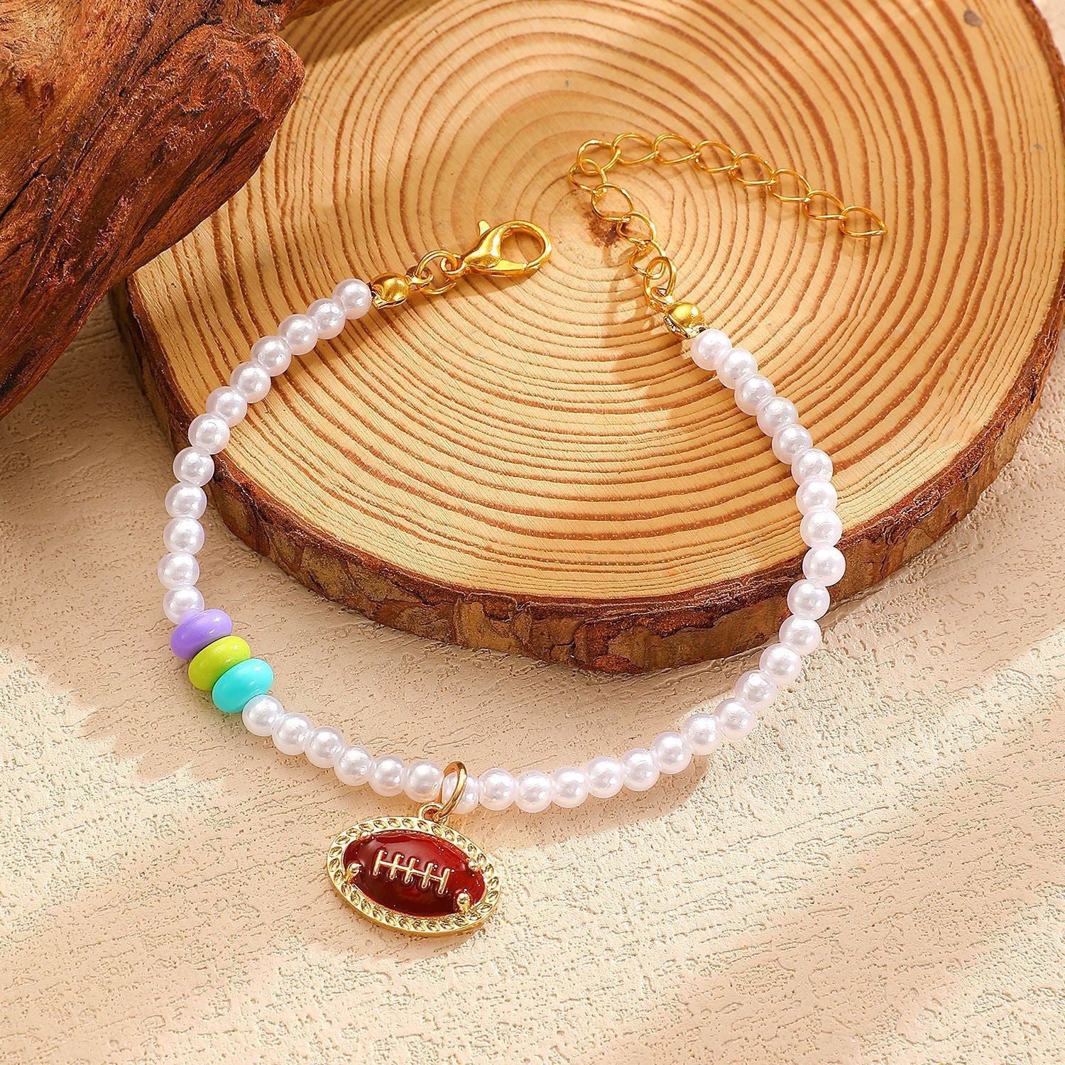 Sporty Soccer Football Rugby Pendant Pearl Beaded Necklace Bracelet Earrings Set 14