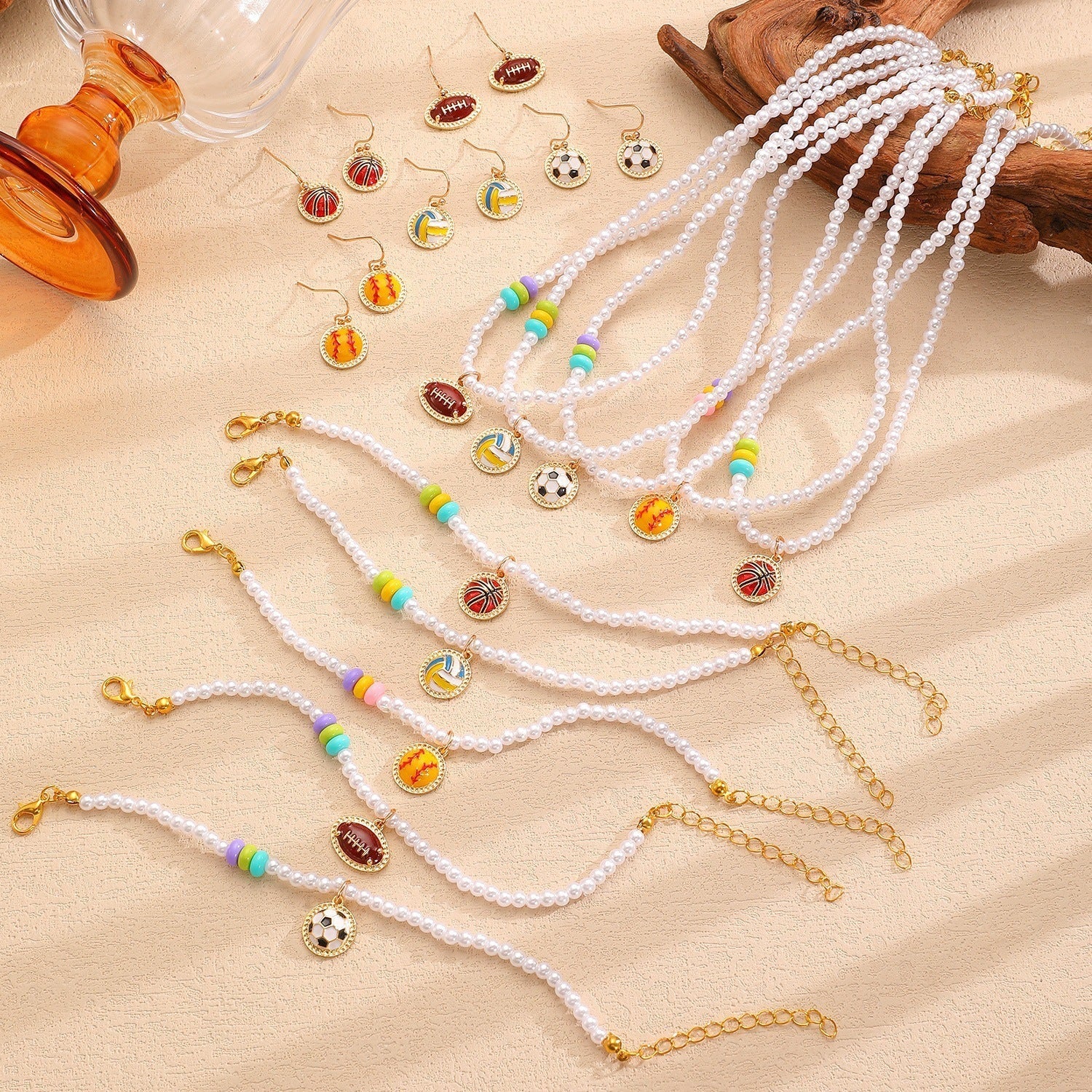 Sporty Soccer Football Rugby Pendant Pearl Beaded Necklace Bracelet Earrings Set 2