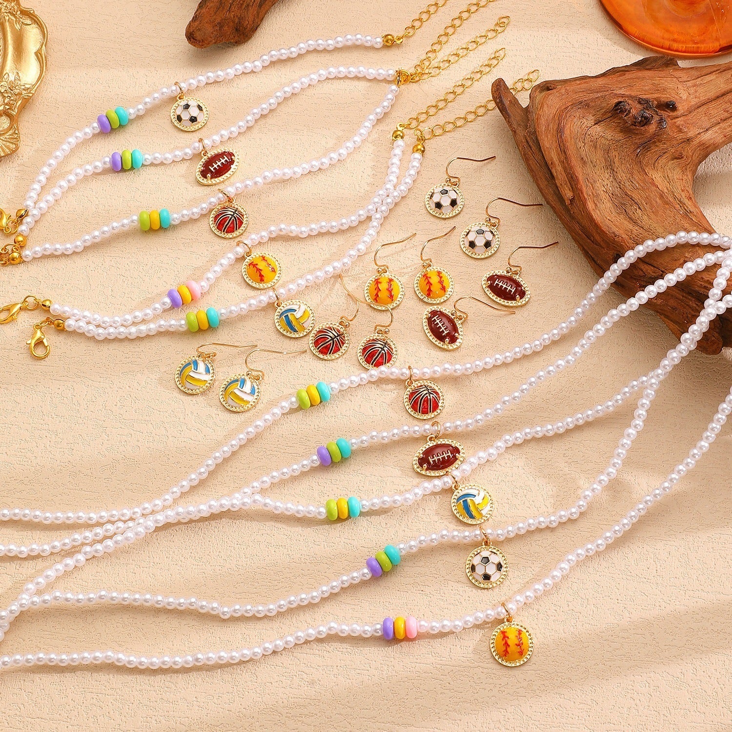 Sporty Soccer Football Rugby Pendant Pearl Beaded Necklace Bracelet Earrings Set 3
