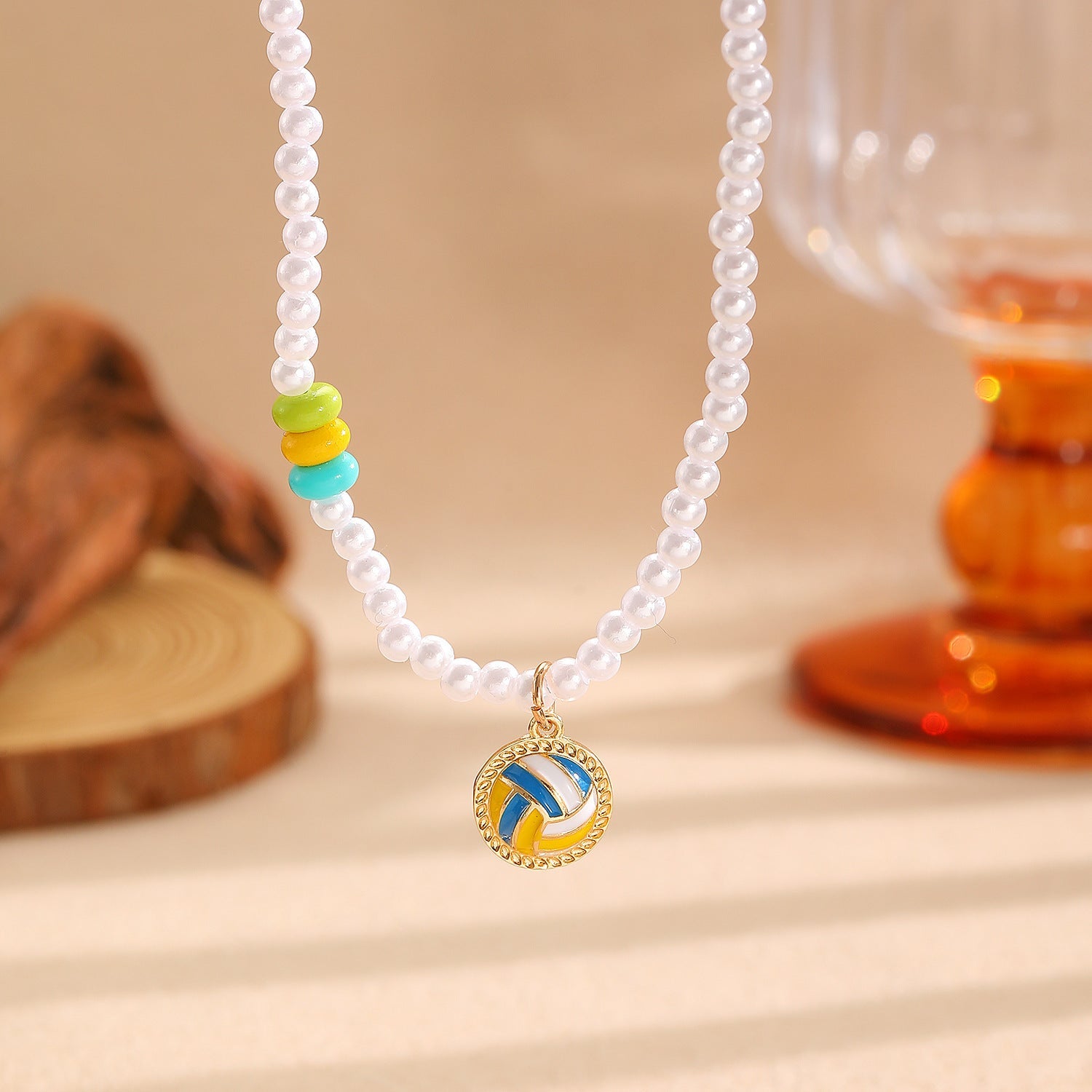 Sporty Soccer Football Rugby Pendant Pearl Beaded Necklace Bracelet Earrings Set 17
