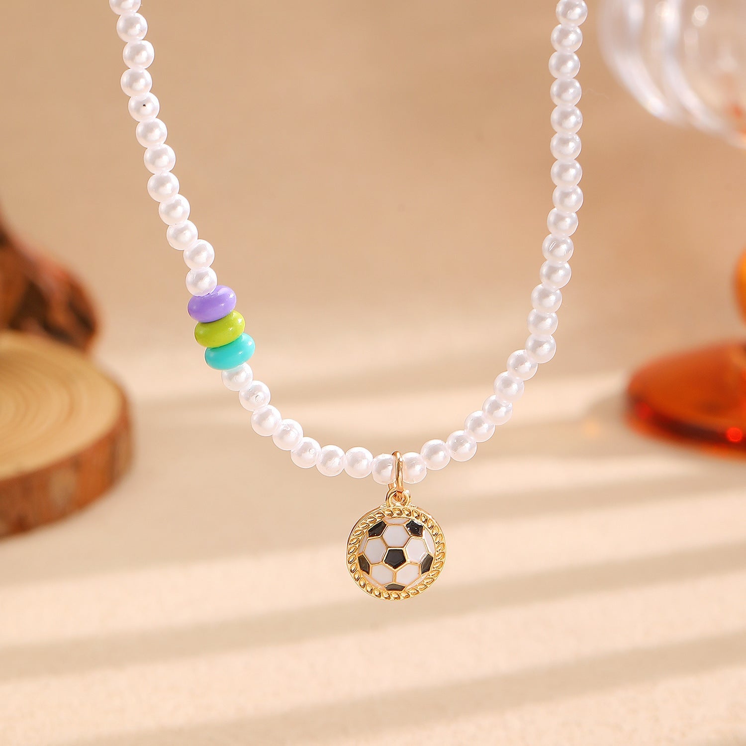Sporty Soccer Football Rugby Pendant Pearl Beaded Necklace Bracelet Earrings Set 15