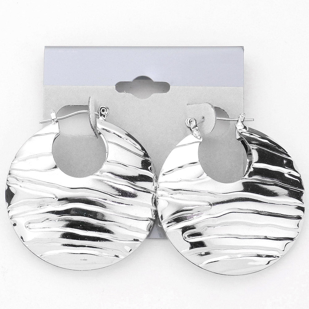 Wavy Textured Metal Pin Catch Hoop Earrings 1