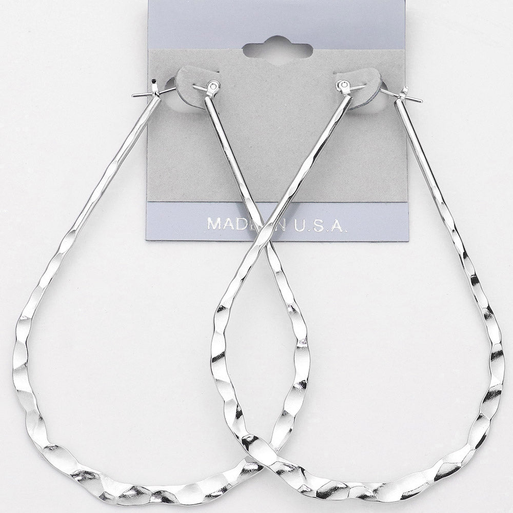 Hammered Metal Teardrop Pin Catch Hoop Earrings 1